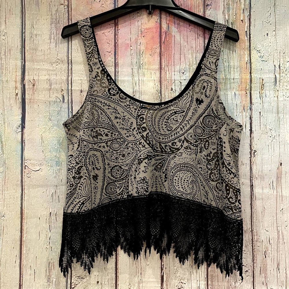Free People Sleeveless Boho Paisley Print Tank Top Blouse Lace Trim - MEDIUM